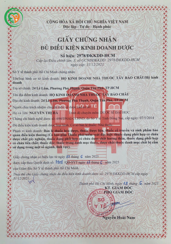 Giấy chứng nhận đủ điều kiện kinh doanh dược của Nhà thuốc Bảo Châu