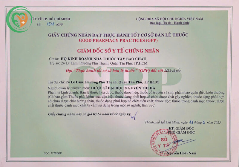 Giấy chứng nhận GPP của Nhà thuốc Bảo Châu