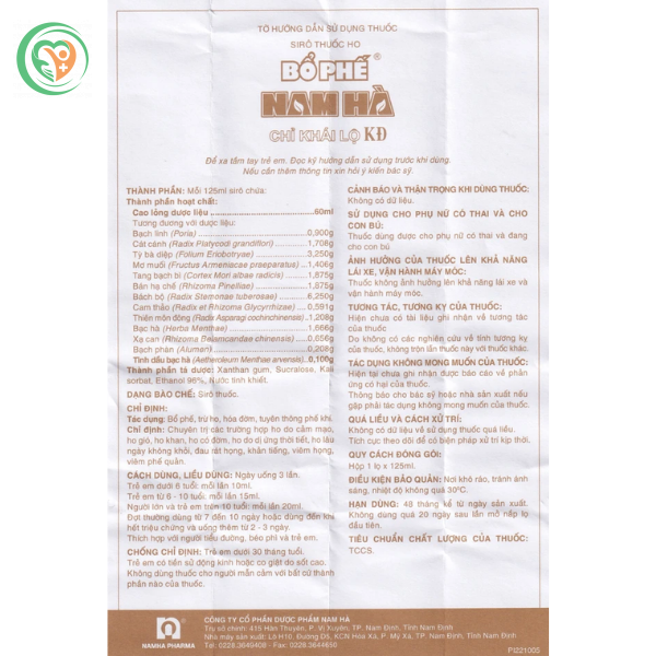 Siro thuốc ho Bổ Phế Nam Hà Chỉ Khái Lộ điều trị ho có đờm