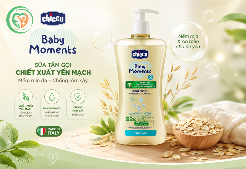 Sữa tắm gội chiết xuất yến mạch 0M+ Chicco làm sạch dịu nhẹ, dưỡng ẩm da và tóc cho bé (Chai 500ml)
